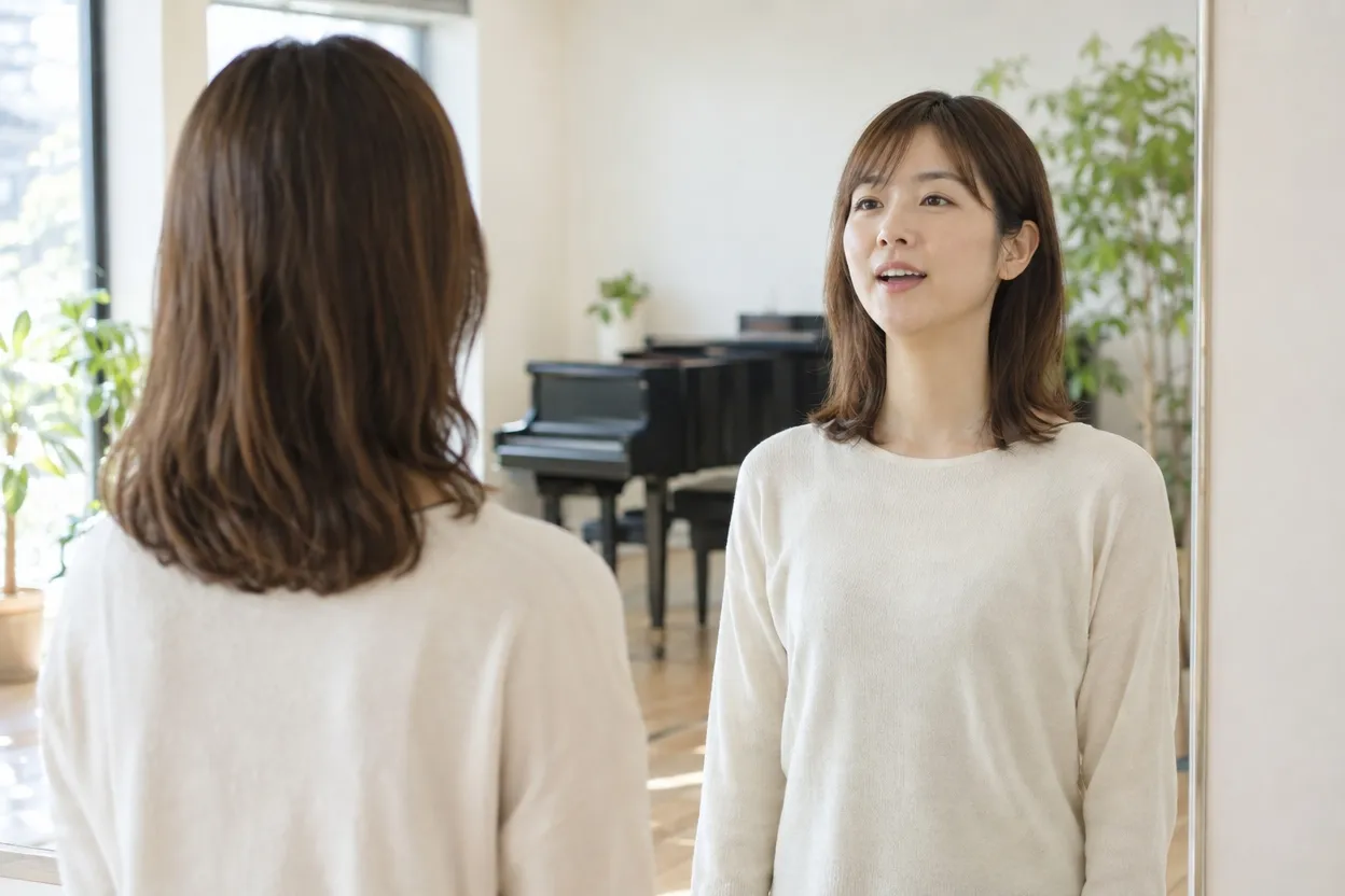 鏡で肩とあごの位置を確かめながら歌う女性